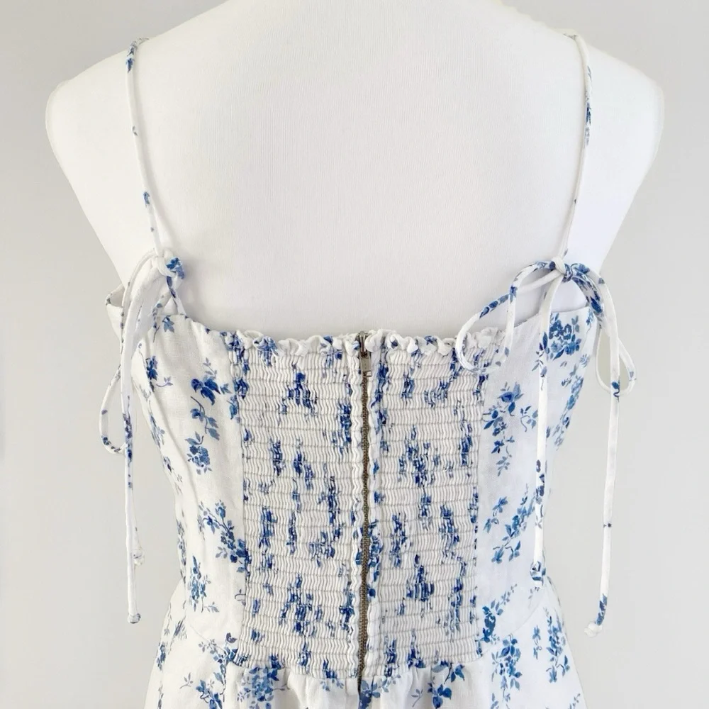 Reformation christen white blue Floral Print square neck tie straps Midi Dress - Picture 5 of 15